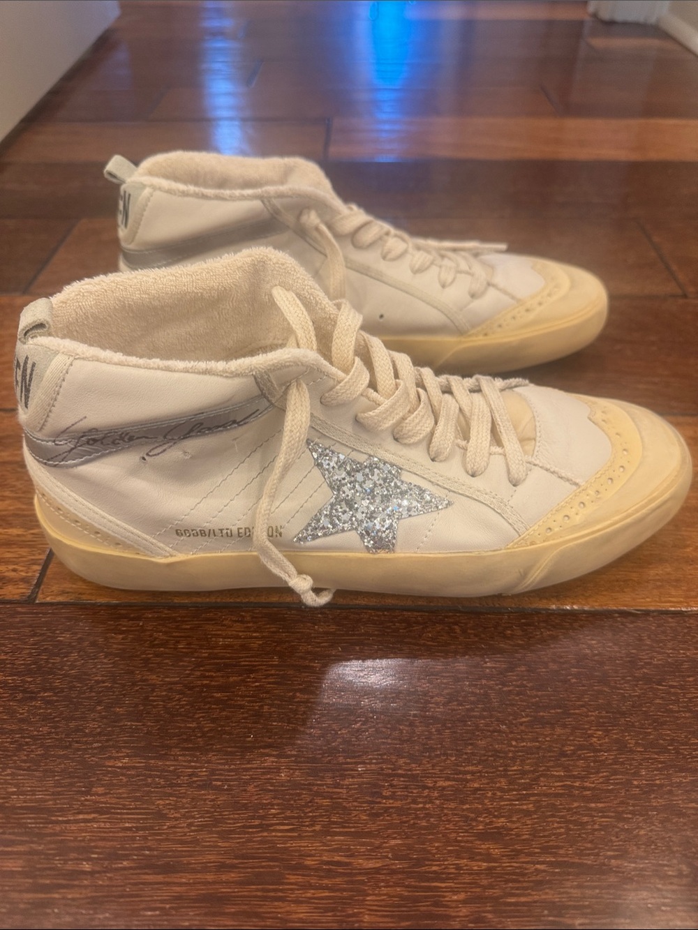 Golden Goose Cream High-Top Sneakers with Silver Glitter Star